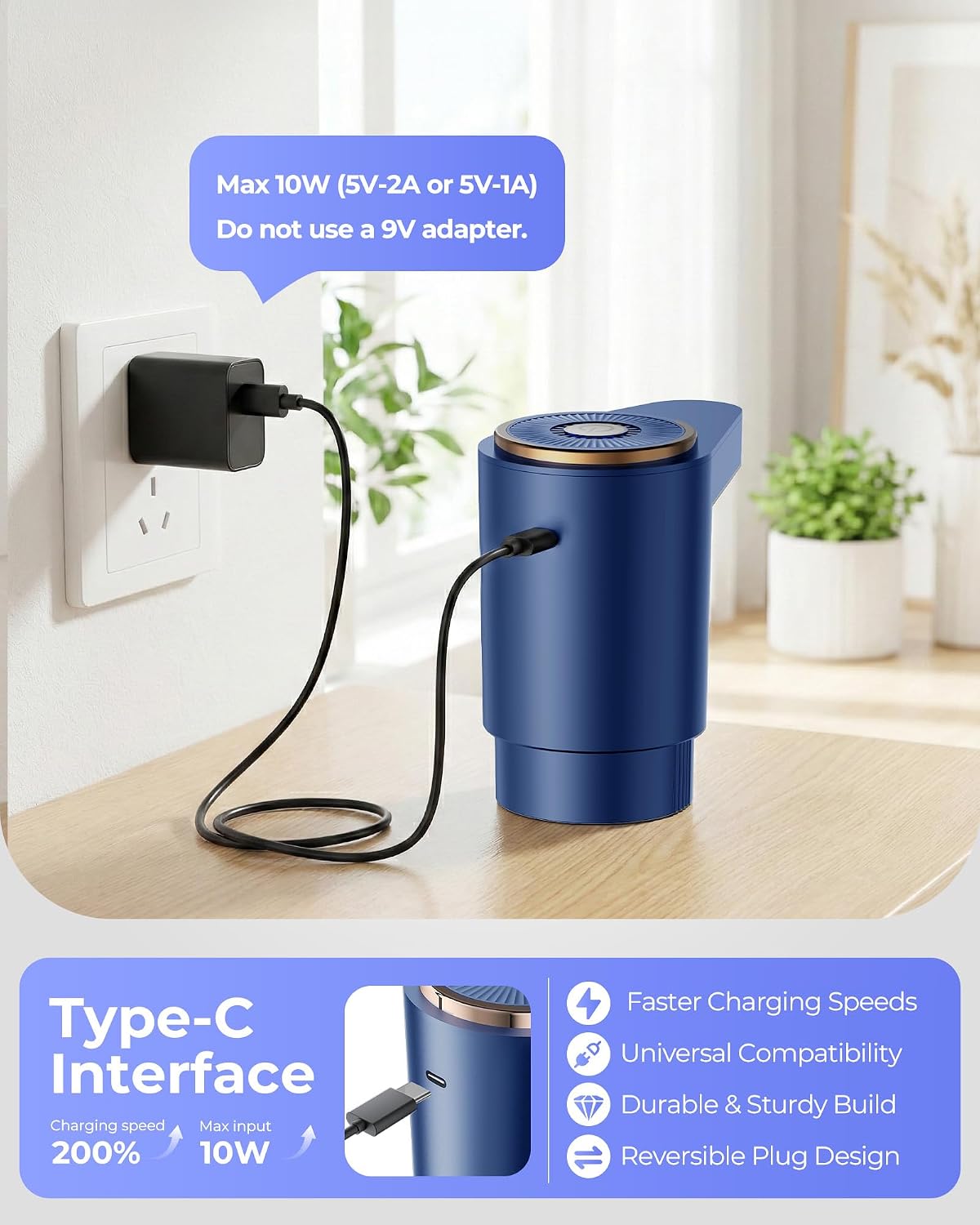 Water Jug Pump for 5 Gallon Bottle – Portable Electric USB-C Charging Dispenser, Dual Powerful Motors, Fast Flow, Fits 2-5 Gallon Jugs – Ideal for Home, Office, Camping, RV, Blue